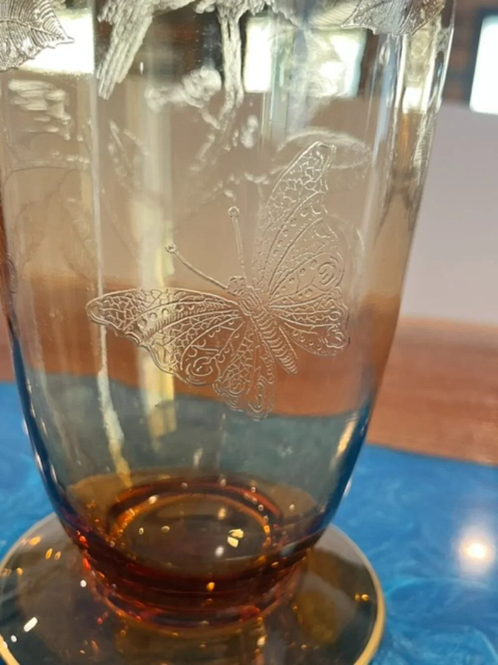 Cambridge Amber Etched Glass #717 Bird & Butterfly 13